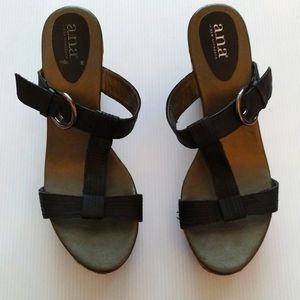 - a.n.a black leather adjustable strap slip on platform/espadrille sandals